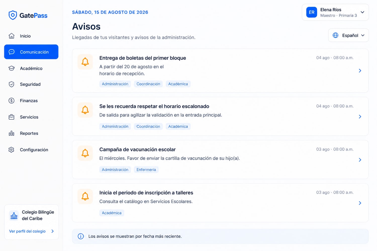 Avisos del colegio a los papás en la app
